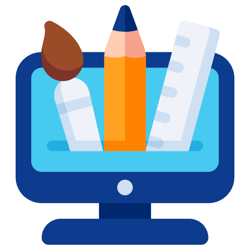 Graphic design icon with pencil, paintbrush, and ruler on a computer screen.