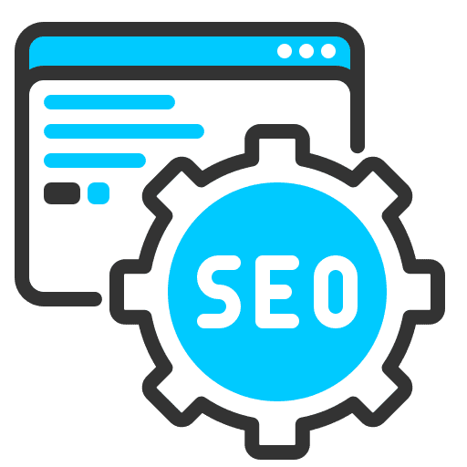 SEO settings icon in front of a webpage, symbolizing search engine optimization tools and strategies.