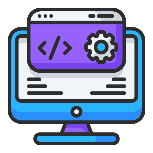 Web development icon showing coding interface and gear on a computer screen.